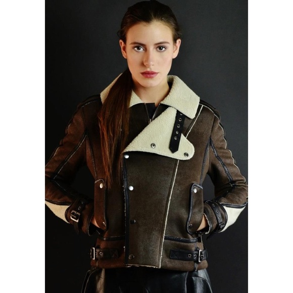Walter Baker Renee Brown Leather Shearling Jacket - Picture 10 of 11